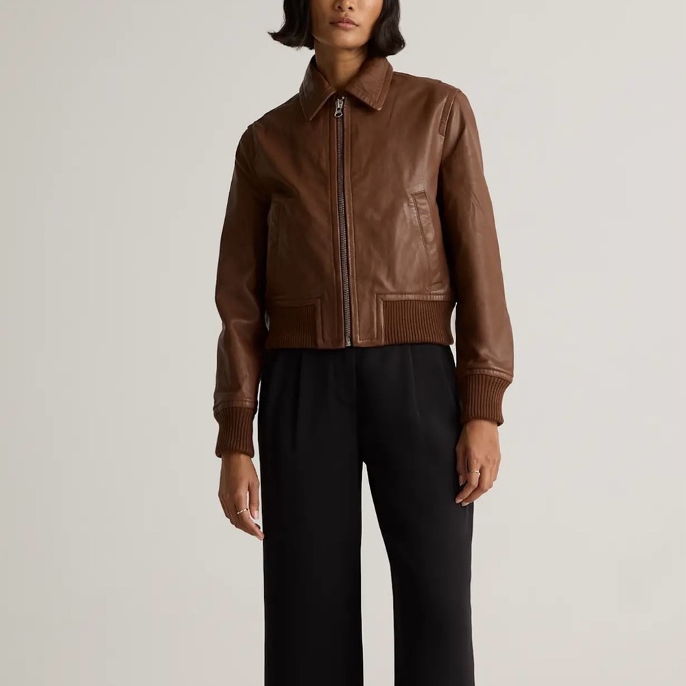Quince Brown Leather Bomber Jacket